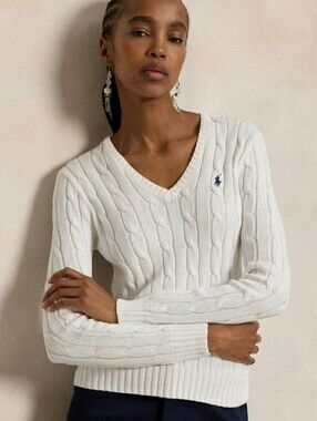Ralph Lauren Cable Knit V-Neck Sweater in Cream with Navy Pony